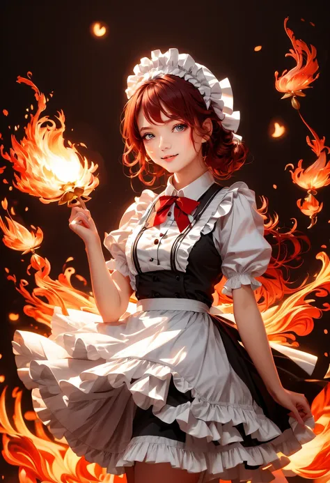 ((beautiful maid:1.5),a high resolution, quality),火焰/butterflys/loim，wearing a maid outfit,soft hands, big bright eyes, dark and...