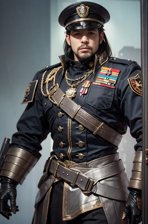 ( ( male character ) ) ), (best quality,4k,highres,masterpiece:1.2), ( ( full body composition) ),Imperial Guard Commissar,Warhammer 40k grimdark,charismatic gaze,sharp uniform details,strategic pose,detailed facial features,serious expression,intimidating...