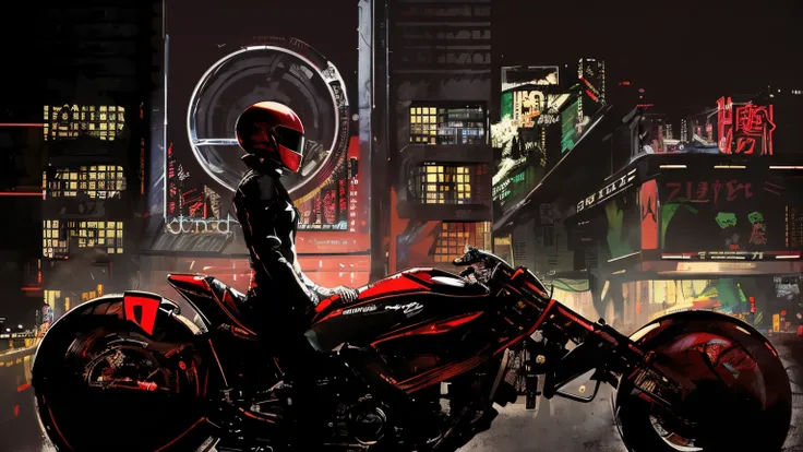 there  a man sitting on a motorcycle in the city, sitting on cyberpunk motorbike, akira anime cyberpunk, akira motorcycle, style of akira motion movie, modern cyberpunk anime, akiras motorcycle, riding a futuristic motorcycle, anime cyberpunk, akira movie ...