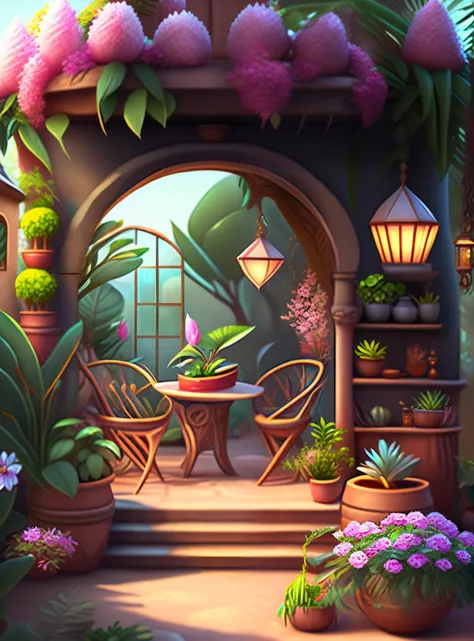 Casa estilo desenho animado, flores e plantas, cogumelos, Magical Elements, Mobile Game, floresta e plantas, a touch of magical elements, contornos de animais.