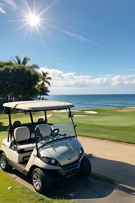 Western men playing a round of golf There is a golf cart parked next to it. The golf course is next to the sea, the weather is warm, there is breeze, sunshine, sip beer while playing golf. There is a golf pro nearby to help watch your swing.