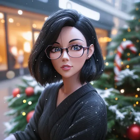 there is a woman with glasses in front of a christmas tree, cabelo preto ondulado Estilo anime 3D realista, 8k portrait render, 8K Artgerm Bokeh, Arte no estilo de Guweiz, retrato da menina, estilo de arte realista, Retrato Lofi, 3 d anime realista, Arte d...