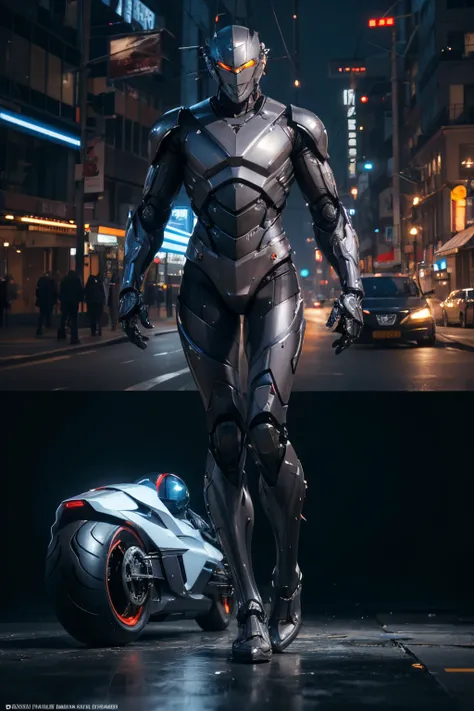 Cyber Man Warrior and Cyber Mechanical Motorcycle, Full Body Exquisite High-Tech Armor, Exquisite Black Tech Helmet, Nousr, Biomechanics, MSHN Robot Man, High-Tech Helmet, Surreal, Steel, Intricate Design, Crazy Details, Fine Details, Extremely Clear Lines...