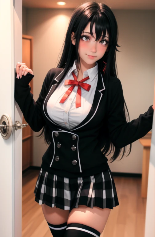 1 girl as yukino yukinoshita, absurdres, highres, solo, school uniform, big breasts, waist long black hair, (twintails:0.5), miniskirt, black thighhigh socks, loose red ribbon, unbuttoned white shirt, (ahegao:1.5), (rolling eyes:1.5), pov_doorway blush, lo...