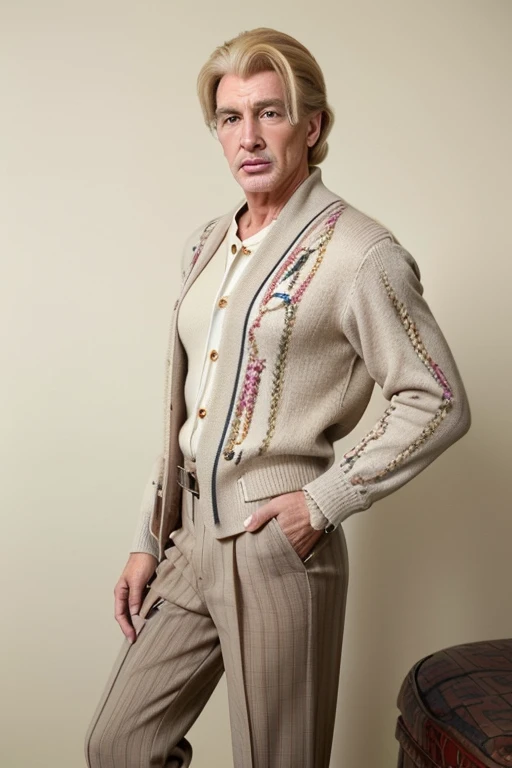 2023 screenshot of male model Grandpa Joe(David Kelly) that looks like a barbie doll by plastic surgery with big botox lips and a big botox ass and is in a cozy cashmere cardigan with an all-over Gucci monogram print, paired with tailored slacks featuring ...