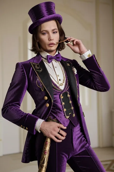 2023 screenshot of male model Willy Wonka (johnney depp) that looks like a barbie doll by plastic surgery with a big ass and huge lipps and a regal purple velvet suit with gold-threaded embroidery featuring the Gucci logo prominently. The ensemble includes...