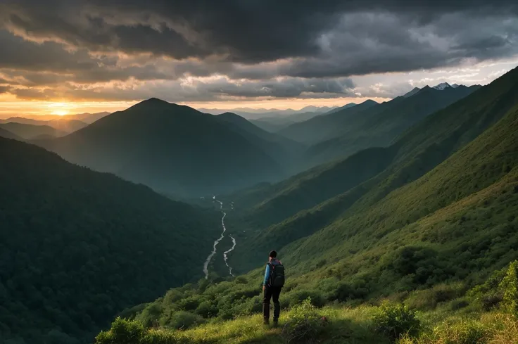 masterpiece, best quality, cinematic film, photo of a majestic mountain range with stormy clouds at sunrise, a beautiful green forest down below in the valley, a hiker stand on the ridge line looking down into the lush, green valley