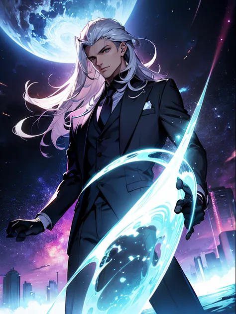 Cosmic entity, universe, male, elegant suit, dark gloves.