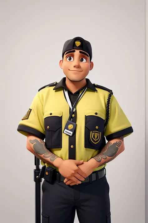 A serious security guard, alta qualidade, melhor qualidade. Sem tatuagens, olhando para frente, sorrindo.