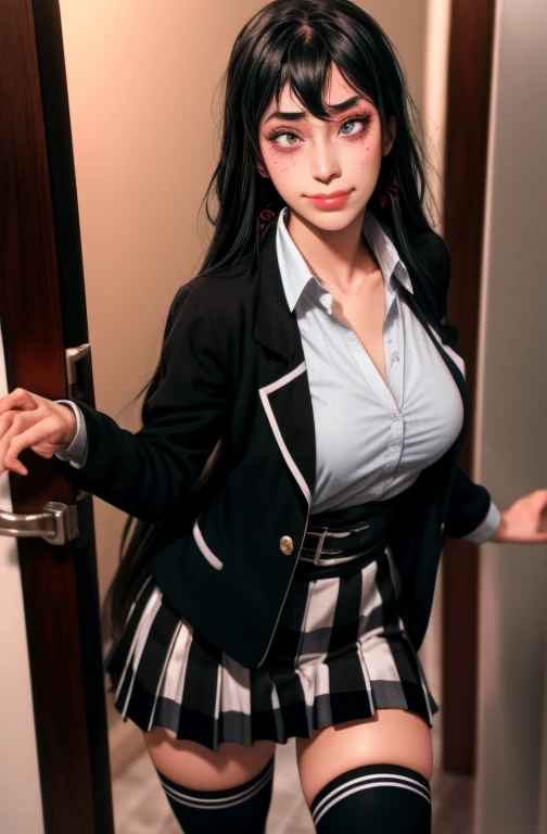 1 girl as yukino yukinoshita, absurdres, highres, solo, school uniform, big breasts, waist long black hair, (twintails:0.5), miniskirt, black thighhigh socks, loose red ribbon, unbuttoned white shirt, (ahegao:1.5), (rolling eyes:1.5), pov_doorway blush, lo...