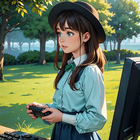 Anne of Green Gables holds a game controller in both hands.