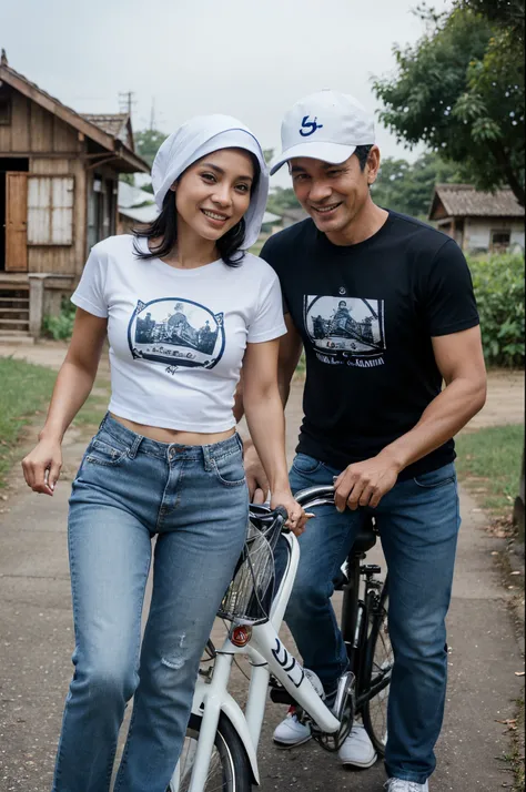 Caricature of a husband and wife riding a bicycle, romantic. Husband, 50 years old, short black hair, wearing a dark blue t-shirt, black jeans, white hat, sports shoes. Beautiful smiling wife, 45 years old, wearing a red hijab, white bone t-shirt, dark blu...