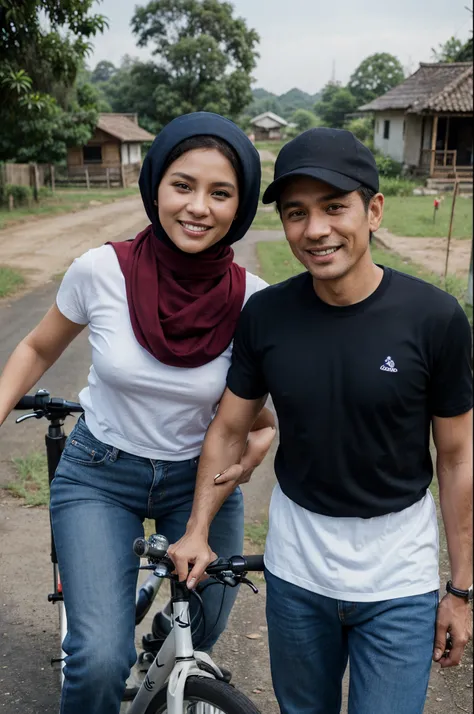 Caricature of a husband and wife riding a bicycle, romantic. Husband, 50 years old, short black hair, wearing a dark blue t-shirt, black jeans, white hat, sports shoes. Beautiful smiling wife, 45 years old, wearing a red hijab, white bone t-shirt, dark blu...