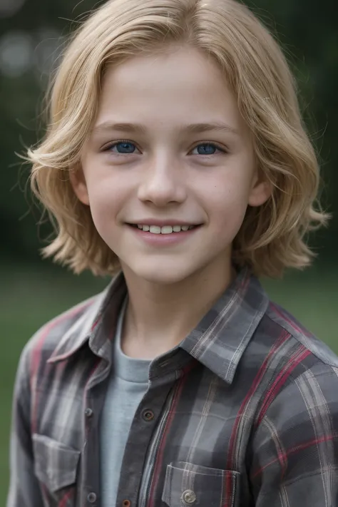 breathtaking cinematic photo of a 12 year old boy with blonde hair and blue eyes, red plaid shirt, intricate details, shallow de...