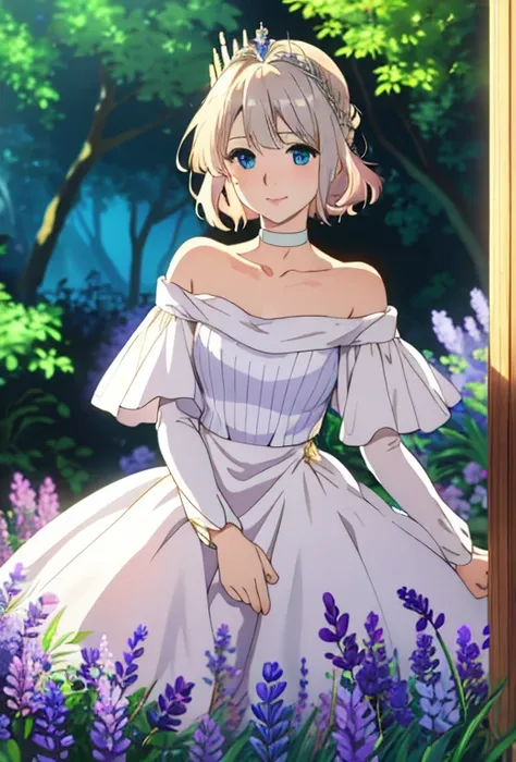 Masterpiece , solo , 1female , young adult , short blonde hair with brown roots showing , blue eyes , pale skin , light pink princess dress , off the shoulder sleeves , long sleeves , silver crown , simple forest background , soft smile expression , silver...