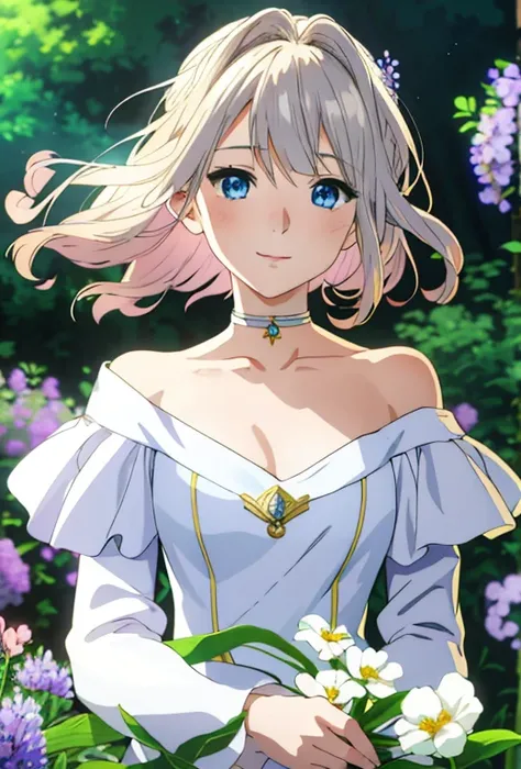 Masterpiece , solo , 1female , young adult , short blonde hair with brown roots showing , blue eyes , pale skin , light pink princess dress , off the shoulder sleeves , long sleeves , silver crown , simple forest background , soft smile expression , silver...