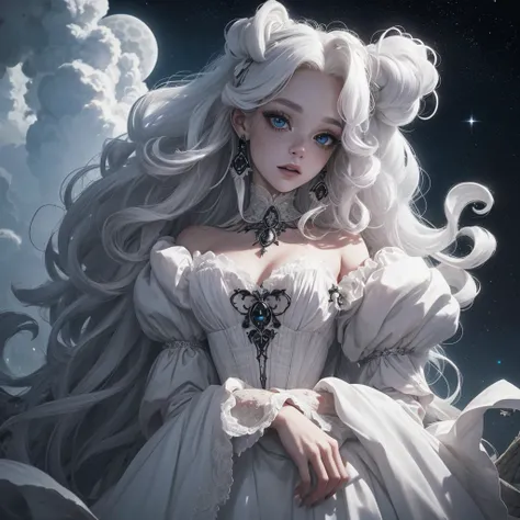 closeup head and shoulders portrait 1980s albino cloud queen with incredibly curly white puffy_hair! | short_neck, black_victorian_gothic_dress black_onyx_jewelry albino_woman twinkling lights jewelry | holy in the clouds | epic | forest | sharp_image | pe...