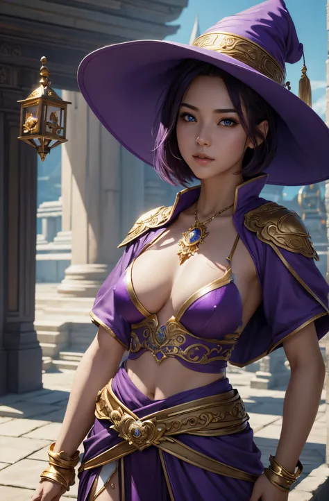 8K,Gorgeous purple very small chest armor,超A high resolution,A hyper-realistic,Ultra-precise workmanship details,Beautiful bare skin,