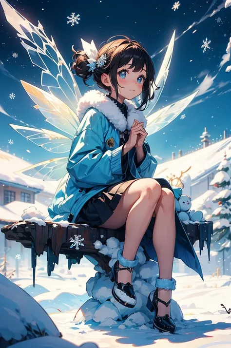 depict a whimsical and enchanting scene of a cute little fairy ((sitting on a snowflake)). She is sitting on a giant snowflake cristal, gently falling down in the sky