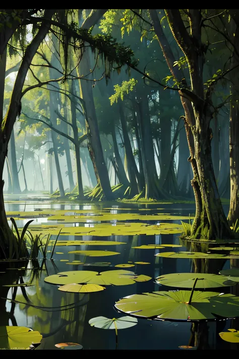 there  a large body of water with lily pads on it, a photo by Robert Lee Eskridge, flickr, hurufiyya, louisiana swamps, scene from louisiana swamps, harmony of swamp, backwater bayou, swamp landscape, swamps, cypress trees, swamp, swamp land, bayou, tall c...