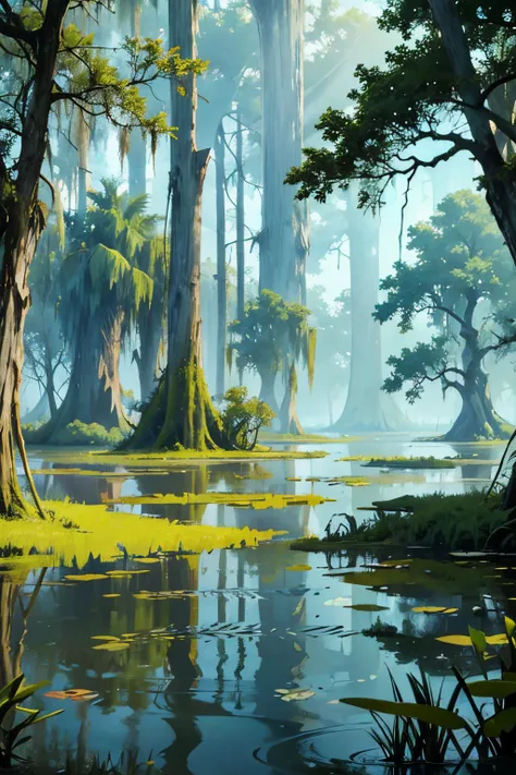 trees are growing in the water near a body of water, a portrait by Kristin Nelson, shutterstock, visual art, scene from louisiana swamps, louisiana swamps, backwater bayou, harmony of swamp, swamps, cypress trees, tall cypress trees, swamp landscape, bayou...