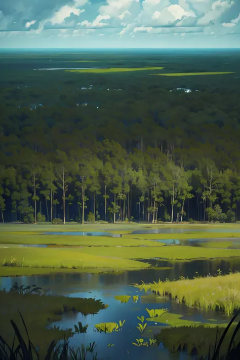 there  a field of grass and trees with a sky in the background, a portrait by Edward P. Beard Jr., flickr, renaissance, swamp landscape, swamp land, in a swamp, swamp forest, overgrown swamp, swamps, swampy atmosphere, harmony of swamp, flooded swamp, scen...