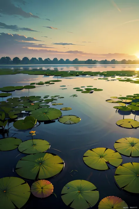 there  a pond with lily pads and water lillies in it, bog, lily pads, flooded swamp, a wide full shot, located in a swamp at sunrise, swamp landscape, marsh, version 3, waterlily pads, beautiful late afternoon, lake, swamps, looking partly to the left, wid...