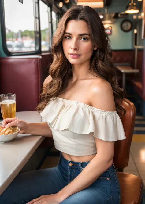 ((nsfw)), 8k, RAW photo, best quality, ultra high res, photorealistic, realistic photo of a girl wearing a croptop, bare shoulders, jeans, sitting in a diner, beautiful, detailed face, detailed, highres, realistic, photorealistic, full body, woman, 25 year...