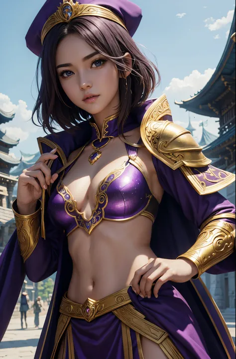 8K,Gorgeous purple very small chest armor,超A high resolution,A hyper-realistic,Ultra-precise workmanship details,Beautiful bare skin,