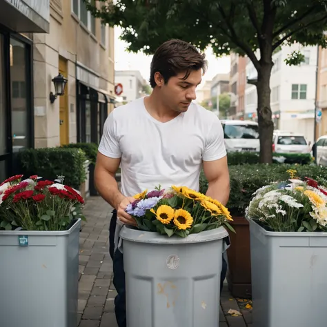 I want an image of a man throwing a bouquet of flowers in the trash can