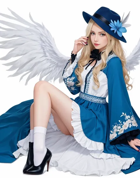 uekura, 1girls, blondes Haar, white background, hat, Kleid, Blaues Schuhwerk, wings, Einfacher Hintergrund, Unterschrift, Blume, Nagellack, wide sleeves, long sleeves, flush, Tier, White flower, nur, full entire body, Vogel, Blick auf den Betrachter, high ...