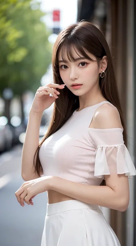 (bestquality, Realistic: 1.3), 1girl in, Middlebox, Light brown hair, blunt bangs, hair behind ear, hair over shoulder, long-haired, Slender Figure, ultra-fine face, Sensitive lips, beautidul eyes, Thin blush, The eyes are light brown......, Perfect glossy...