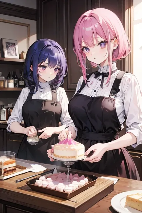 A pink haired woman with violet eyes with an hourglass figure is baking a cake with a black haired woman with brown eyes