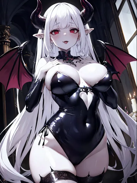 (masterpiece,best quality,ultra-detailed),1girl,evil,horns,demon girl,(succubus),delicate:1.2, beautiful, mystical, surreal, lovecraftian,(seductive),white skin, white hair,voluptuous body,