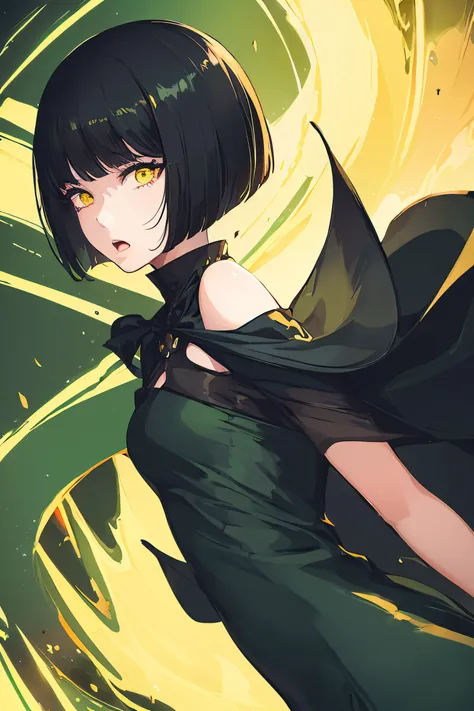 Painting of one girl,Solo, Black hair, (Green background), Bangs, Detailed eyes, Clepax, (Open mouth, profile, From Side, Facing up,) Looking Up ,p0ll0ck, Yellow dress, bob cuts, Fog in the background, (red blood explosion, gunshot,)