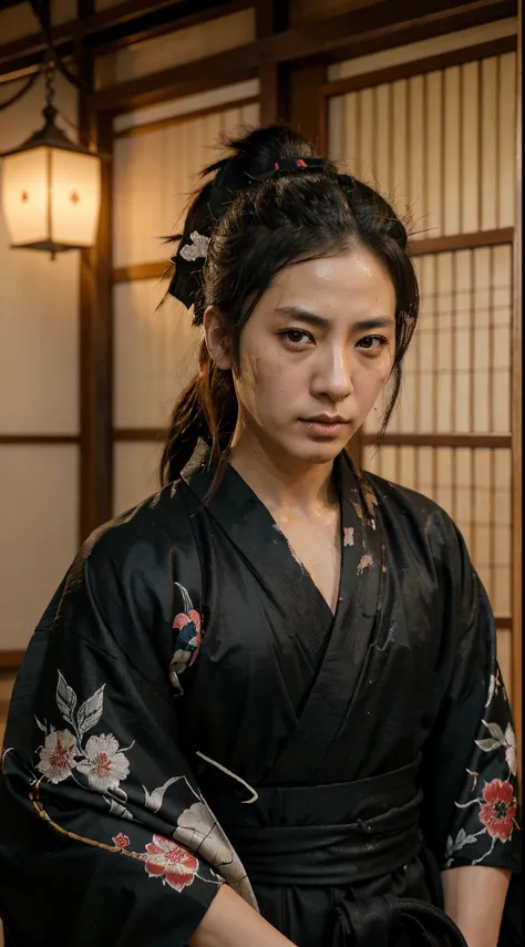 34 year old japanese male samurai ronin wearing black kimono dirty kimono two swords messy hair tied up hair staring far away anime style fierce look dirty face wasted miyamoto musashi shinmen takezo