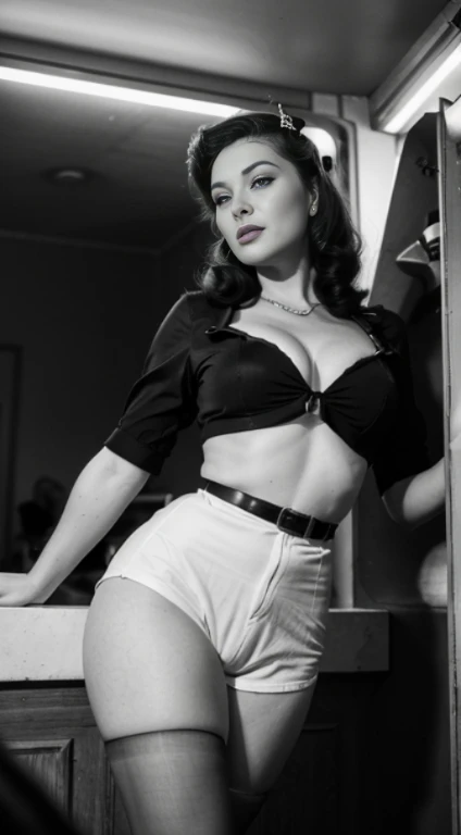 Ein Bild von Betty Bo als echte Frau, beeindruckenden Pin-up-Girls aus der Kriegszeit, gekleidet in ein Retro-inspiriertes Outfit, anmutig posiert in einer nostalgischen Bar aus den 1940er Jahren. The black and white image gives the scene a vintage touch, ...