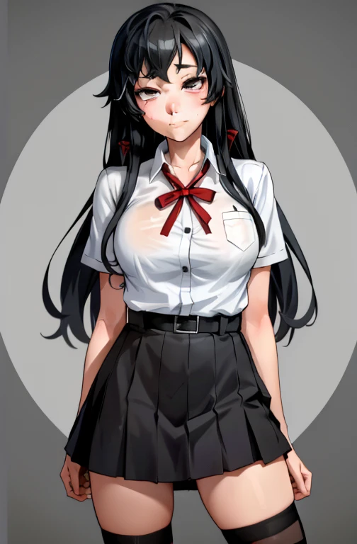 1 girl as yukino yukinoshita, absurdres, highres, solo, school uniform, big breasts, waist long black hair, (twintails:0.5), miniskirt, black thighhigh socks, loose red ribbon, unbuttoned white shirt, (ahegao:1.1), (rolling eyes:1.1), (female masturbation:...