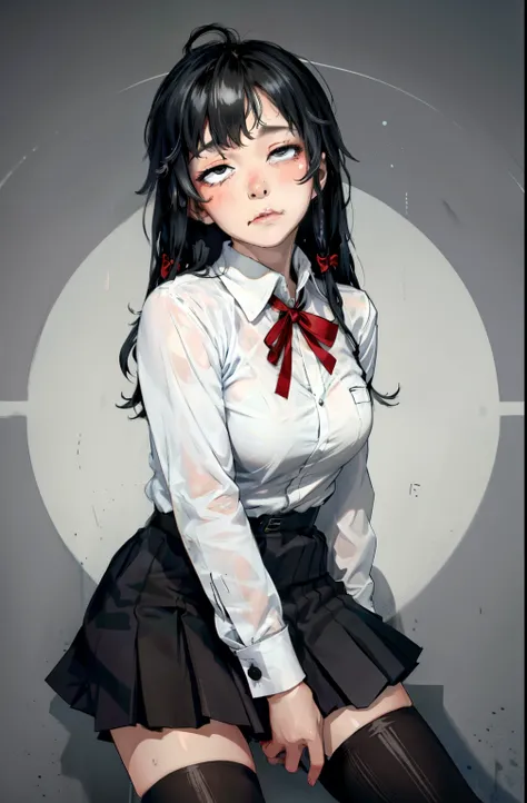 1 girl as yukino yukinoshita, absurdres, highres, solo, school uniform, big breasts, waist long black hair, (twintails:0.5), miniskirt, black thighhigh socks, loose red ribbon, unbuttoned white shirt, (ahegao:1.1), (rolling eyes:1.1), (female masturbation:...