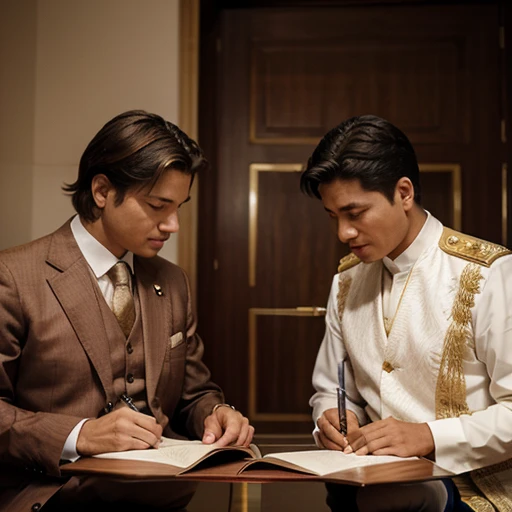 Two male country leaders signing a treaty indoors.