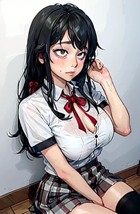 1 girl as yukino yukinoshita, absurdres, highres, solo, school uniform, big breasts, waist long black hair, (twintails:0.5), miniskirt, black thighhigh socks, loose red ribbon, unbuttoned white shirt, (ahegao:1.1), (rolling eyes:1.1), (female masturbation:...