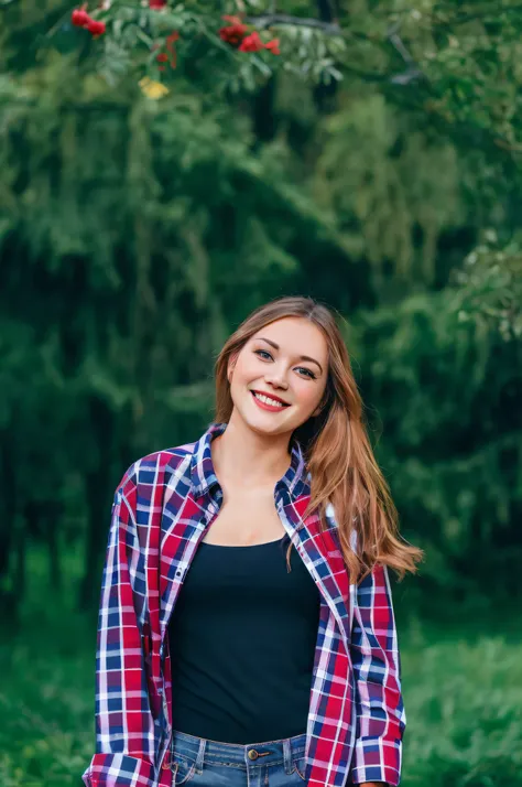 a woman in a plaid shirt and jeans standing in front of a tree, wearing a red lumberjack shirt, portrait of happy a young woman, smiling young woman, wearing a plaid shirt, in front of a forest background, a cute and beautiful young woman, alina ivanchenko...