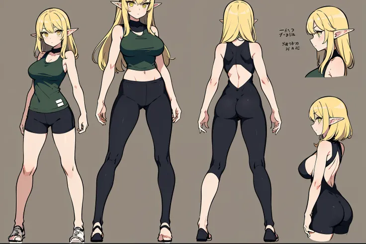 **Create a full body character design sheet for a female character, elf, mid 20s, large breasts, no outline, expressive Disney styled, she  wearing black spandex shorts and a dark green tank top, medium blonde hair, yellow eyes, View (Frontal, Three Quarte...