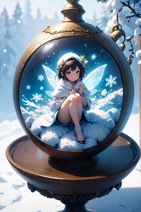 depict a whimsical and enchanting scene of a cute little fairy ((sitting on a snowflake)) gently falling down in the sky