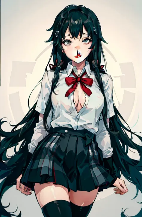 1 girl as yukino yukinoshita, absurdres, highres, solo, school uniform, big breasts, waist long black hair, (twintails:0.5), miniskirt, black thighhigh socks, loose red ribbon, unbuttoned white shirt, (ahegao:1.1), (rolling eyes:1.1), (female masturbation:...