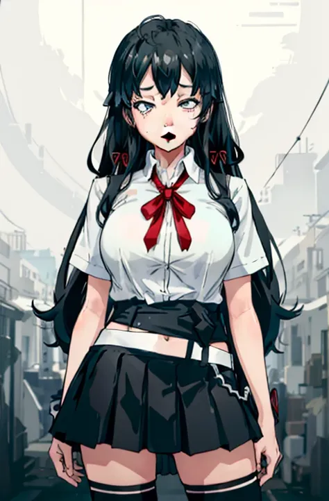 1 girl as yukino yukinoshita, absurdres, highres, solo, school uniform, big breasts, waist long black hair, (twintails:0.5), miniskirt, black thighhigh socks, loose red ribbon, unbuttoned white shirt, (ahegao:1.1), (rolling eyes:1.1), (female masturbation:...