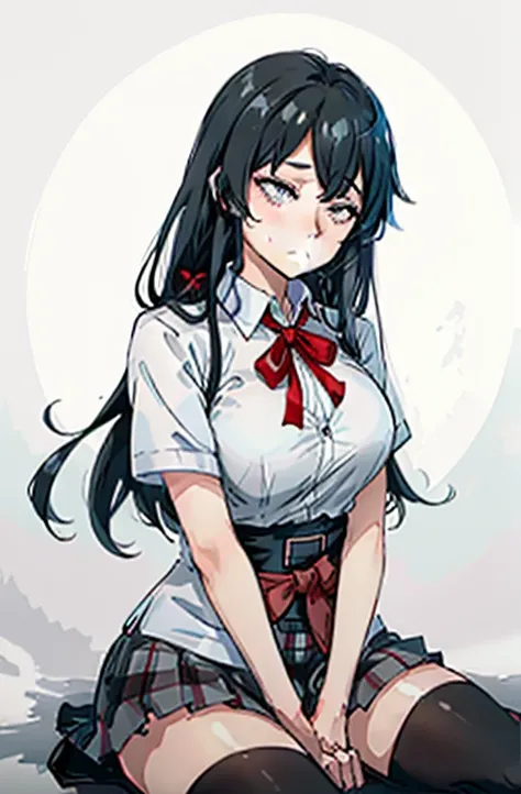 1 girl as yukino yukinoshita, absurdres, highres, solo, school uniform, big breasts, waist long black hair, (twintails:0.5), miniskirt, black thighhigh socks, loose red ribbon, unbuttoned white shirt, (ahegao:1.1), (rolling eyes:1.1), (female masturbation:...