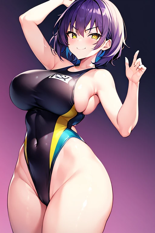 1girl, large breasts, breasts, wide hips, thick thighs, purple hair, short hair, very short hair, yellow eyes, one-piece swimsuit, black one-piece swimsuit, competition swimsuit, smug, smirk, smile, full body