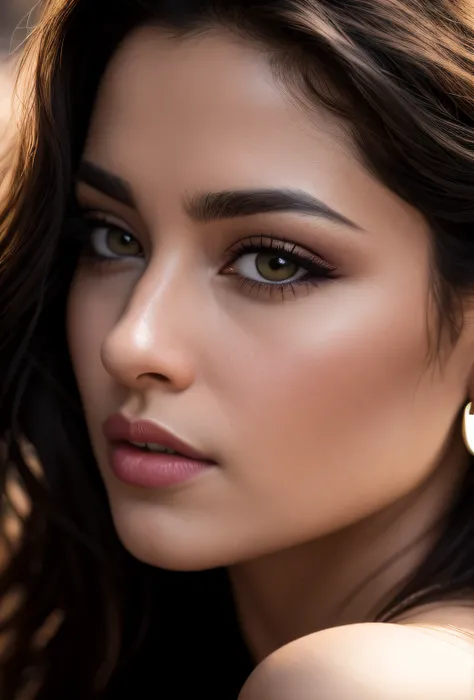 Masterpiece,hollywood closeup portrait photography , beautiful iranian persian sexy girl, dark hair , uptown, cleavage, thin detailed black eyes, thin eyebrows, perfect tiny nose, diamond earrings, long eyelashes, cat eye makeup , bold jawline , very detai...