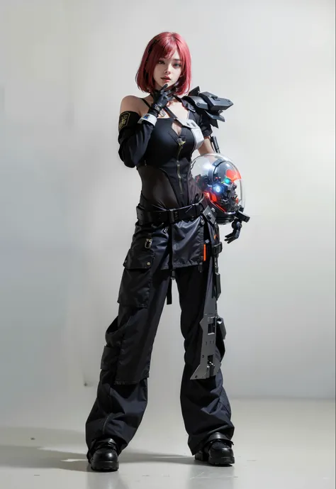 Fantasy cyberpunk world，1 Mechanical Miracle，Robots defend world order；Samurai mechanical armor，Equip transparent weapons，Streamlined black and red design，wearing in black cloak，A big part of a 1-person robot，Art of the highest quality，8K ultra-high resolu...